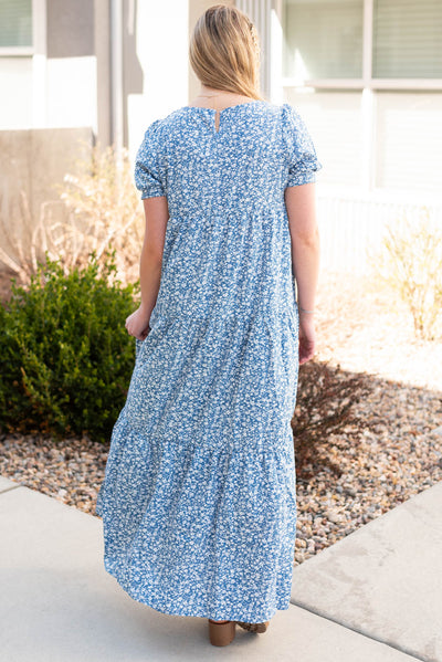 Back view of the navy floral dress