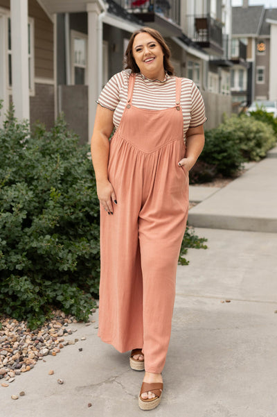 Wide leg plus size clay jumpsuit with pockets