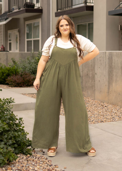 Plus size olive jumpsuit with wide legs