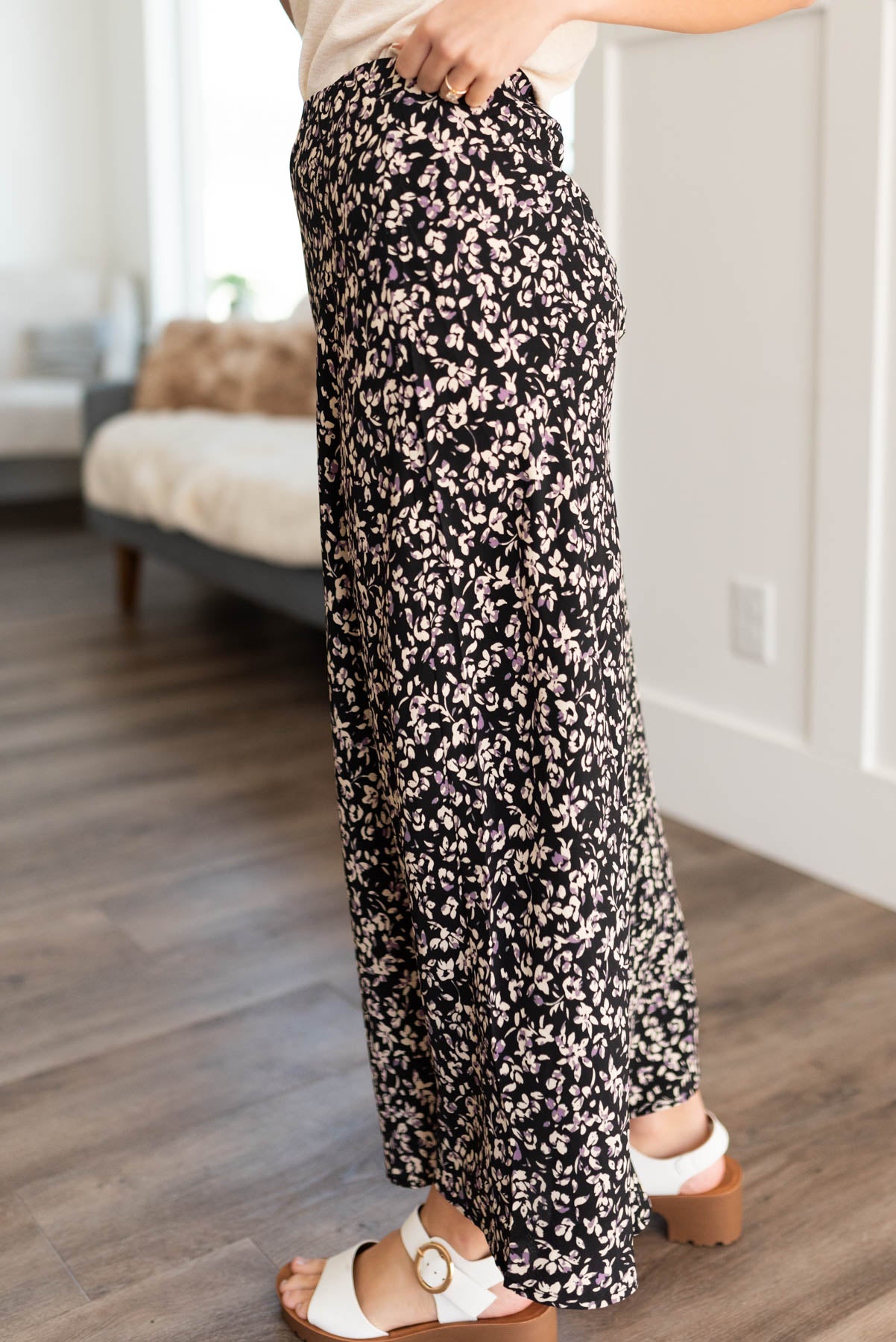 Side view of the black floral skirt