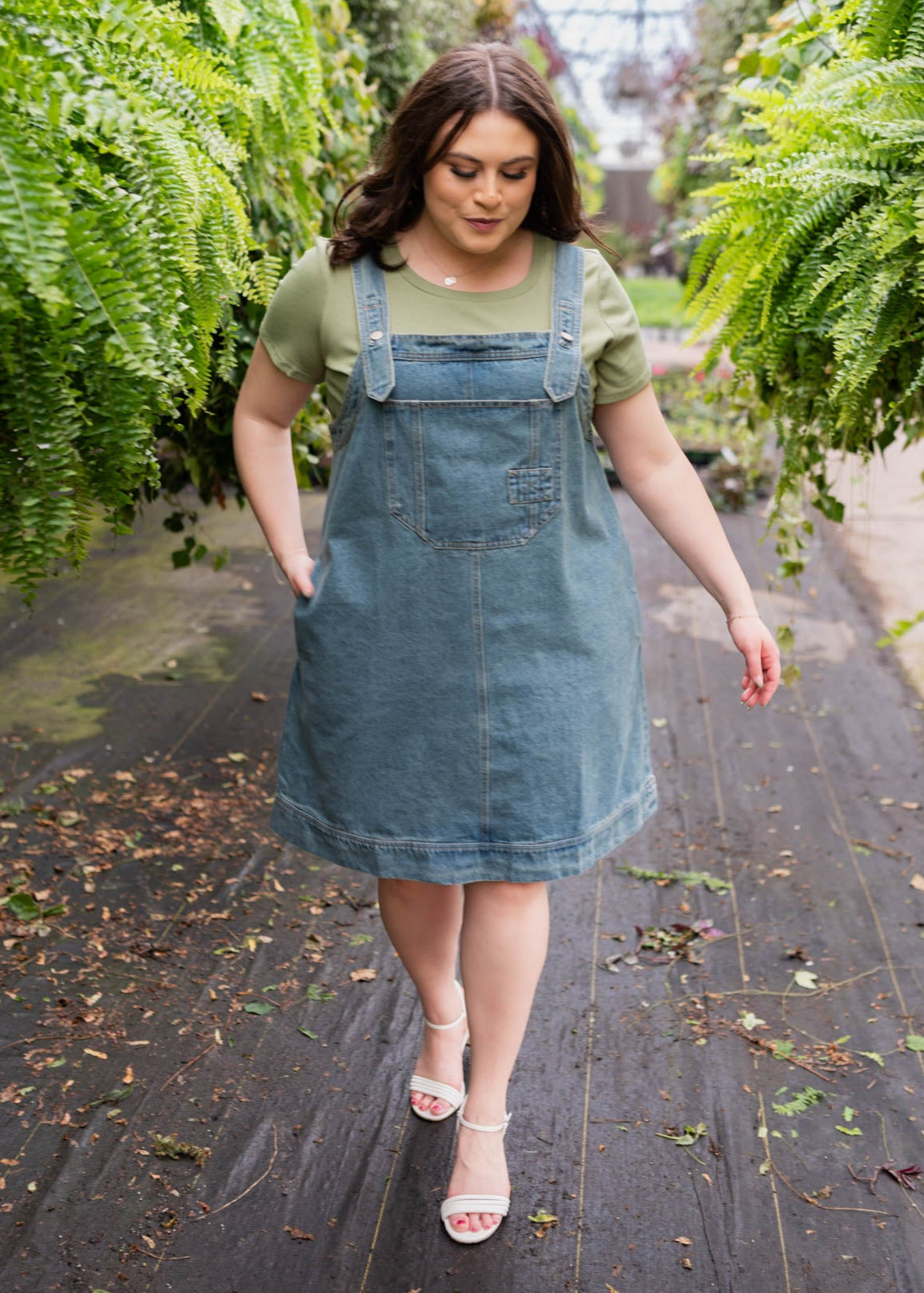 Plus size washed denim overall dress with front pocket