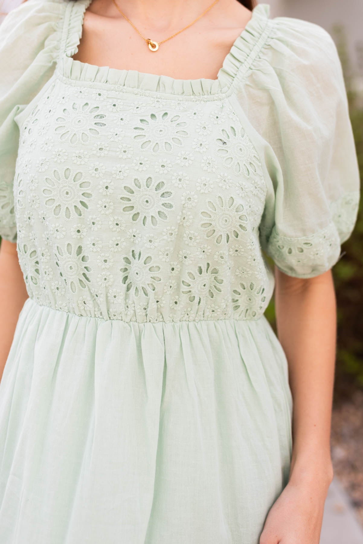 Eyelet fabric on the the sage eyelet tiered dress