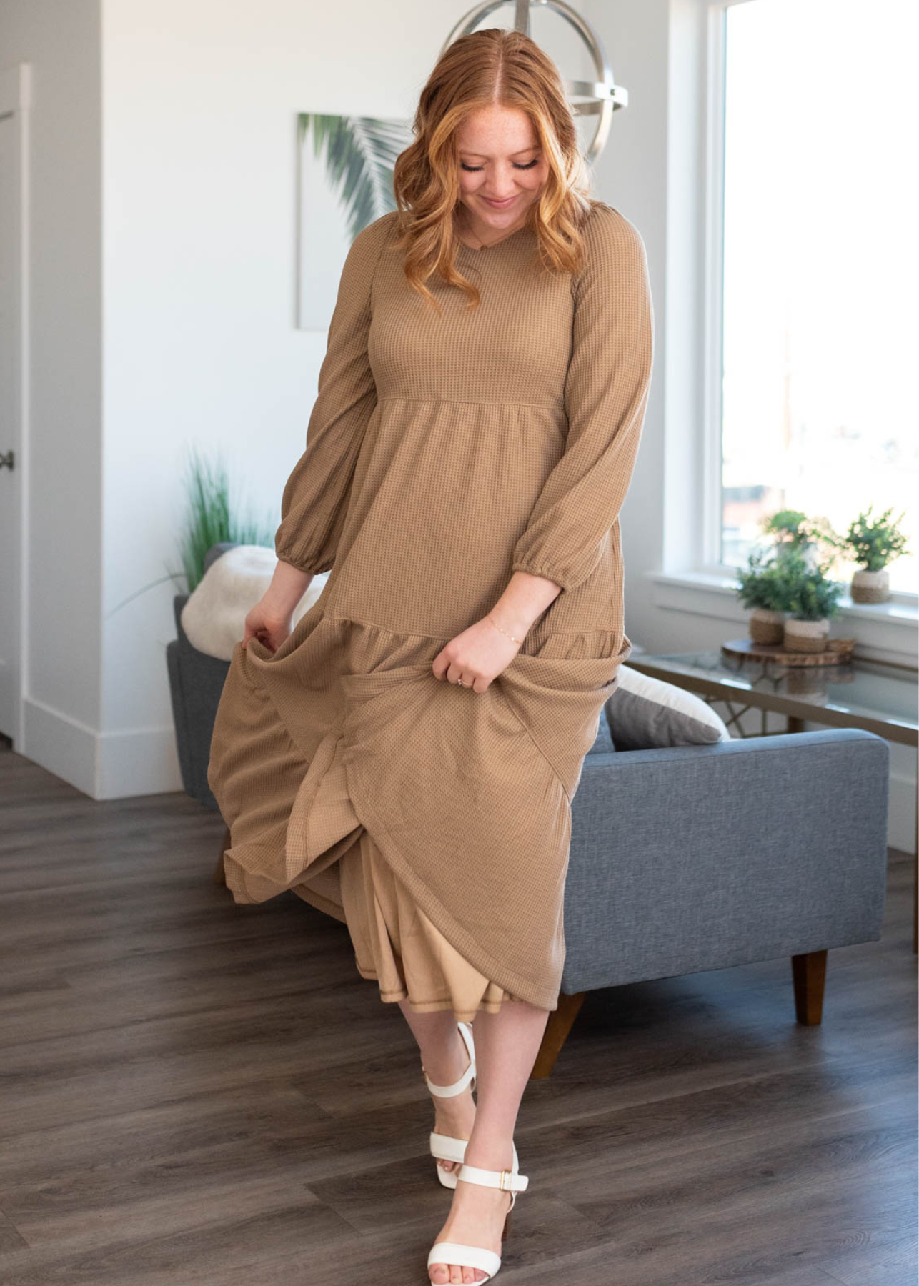 Long sleeve mocha waffle knit dress