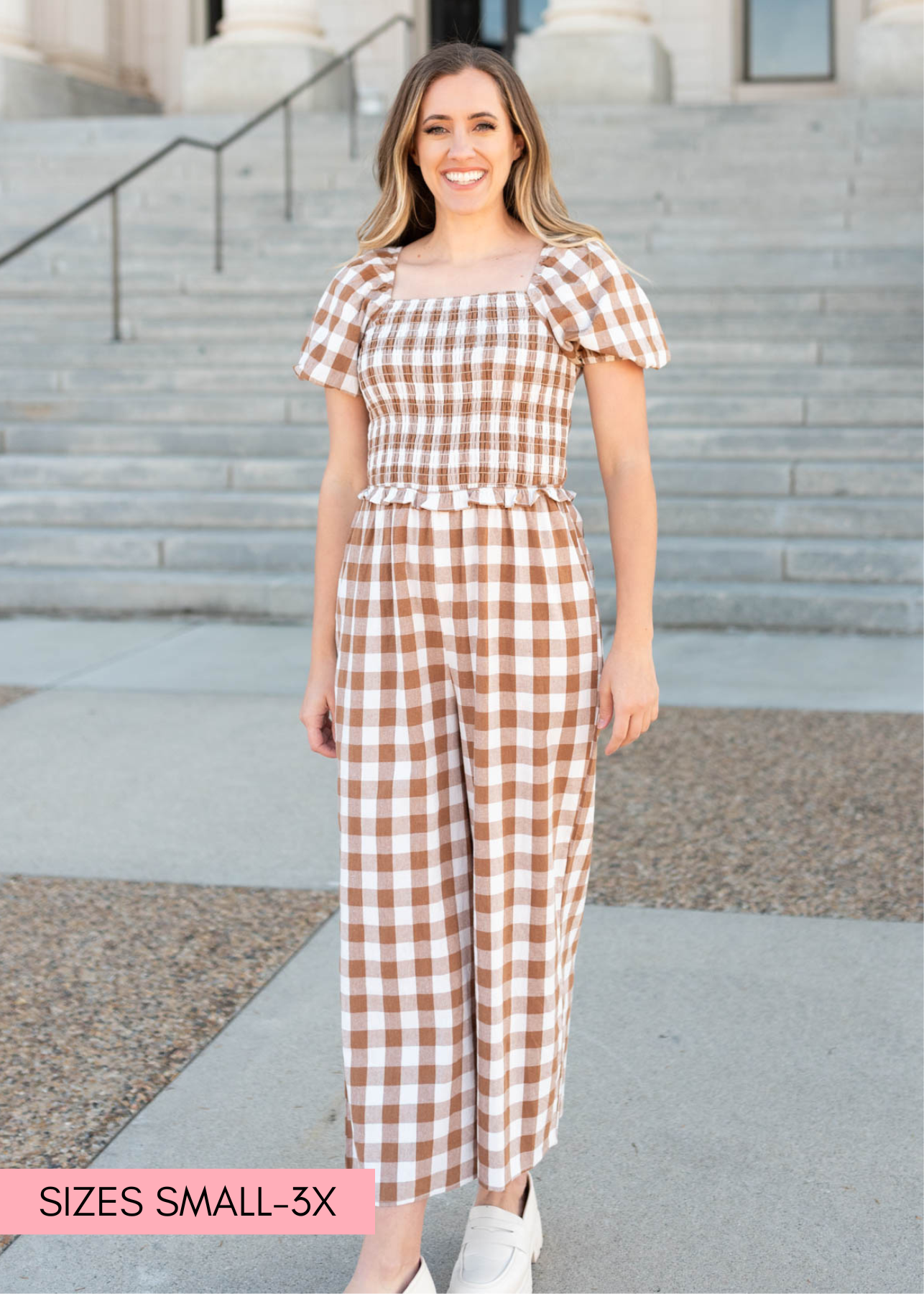 Taupe gingham jumpsuit with short sleeves