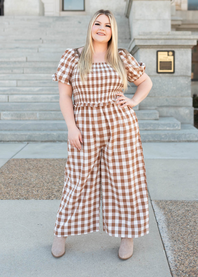 Short sleeve taupe gingham jumpsuit
