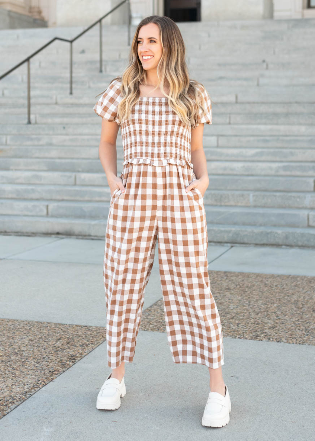 Short sleeve taupe gingham jumpsuit