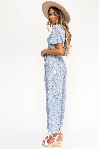 Side view of a periwinkle jumpsuit