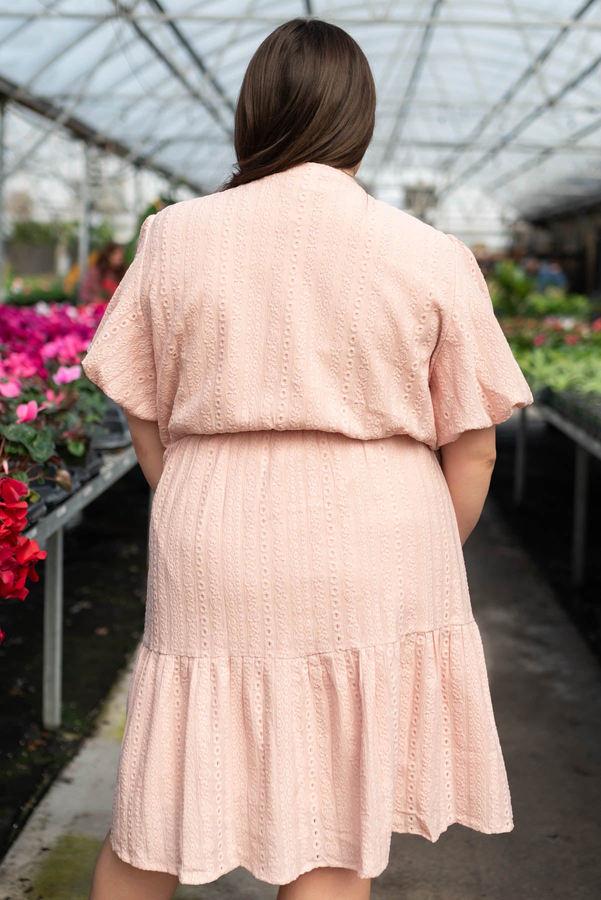 Back view of the blush lace dress
