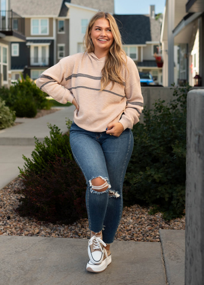 Vintage rose hoodie with long sleeves and stripes across the front