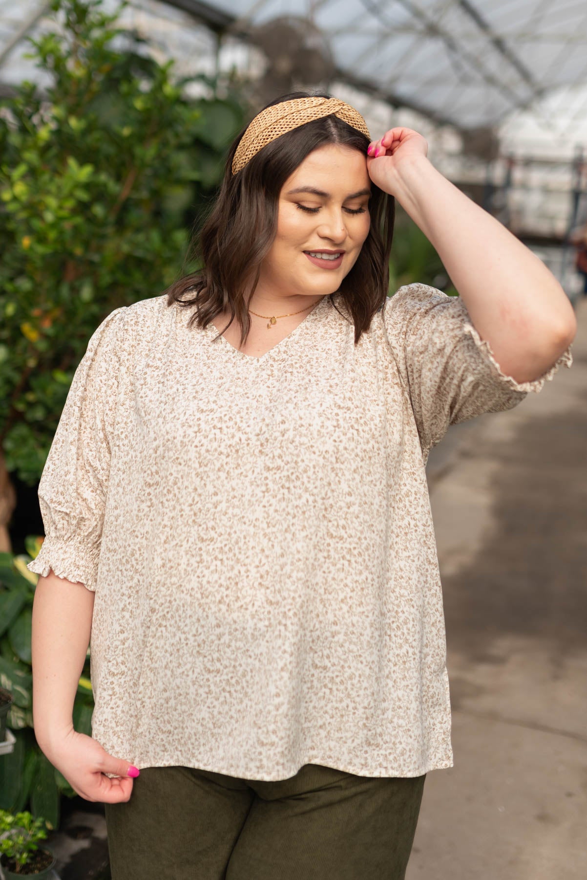 Short sleeve plus size taupe floral print top