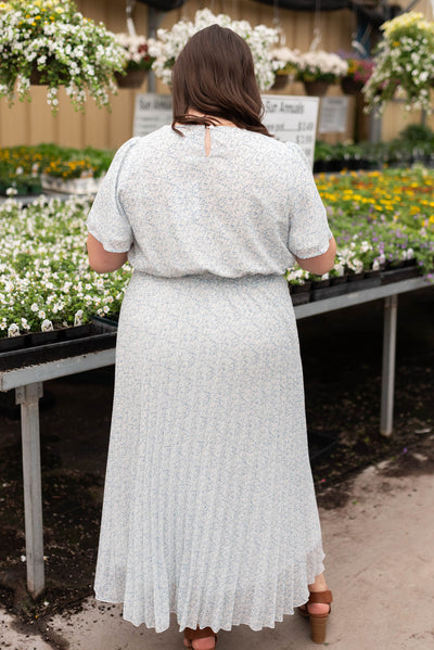 Back view of the plus size ivory blue floral pleated dress