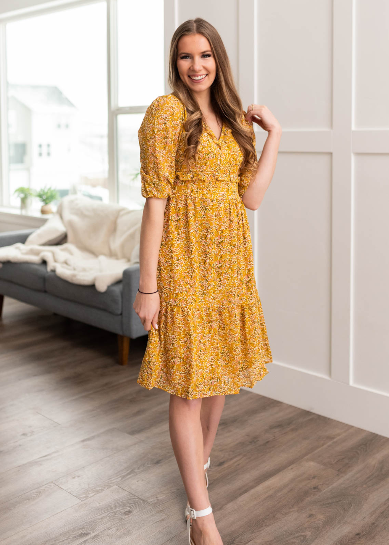 Short sleeve mustard floral dress