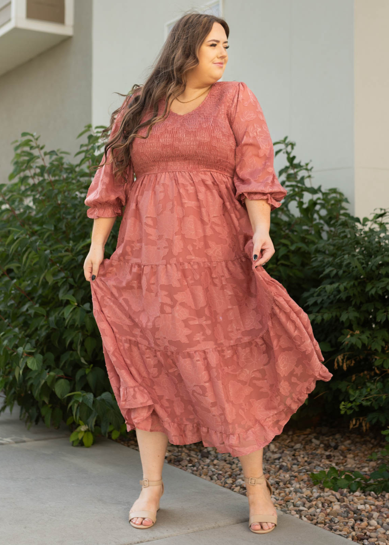3/4 sleeve plus size dusty rose dress