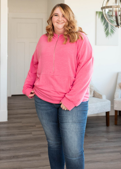 Plus size long sleeve hot pink half zip pullover