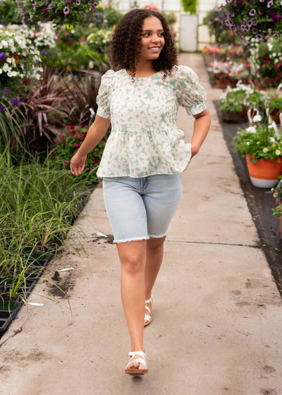 Green floral blouse