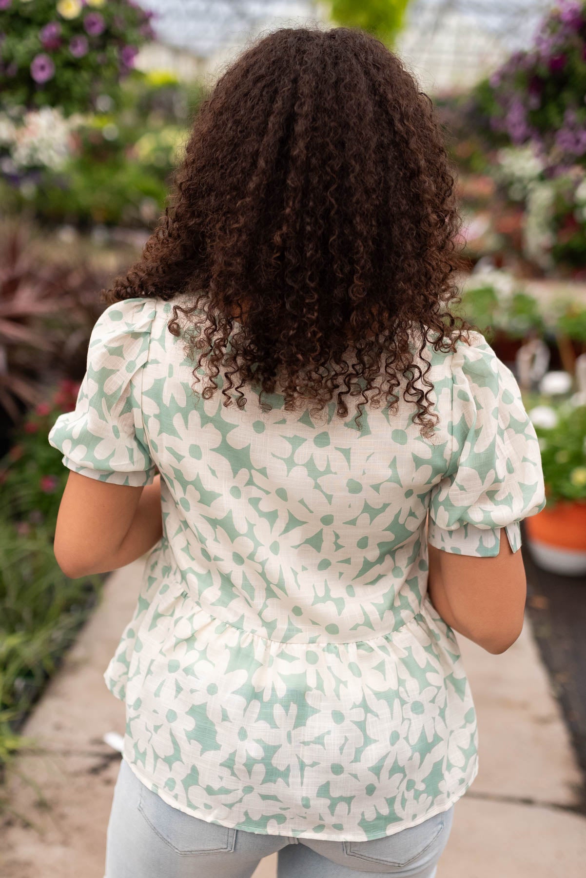 Back view of the green floral blouse