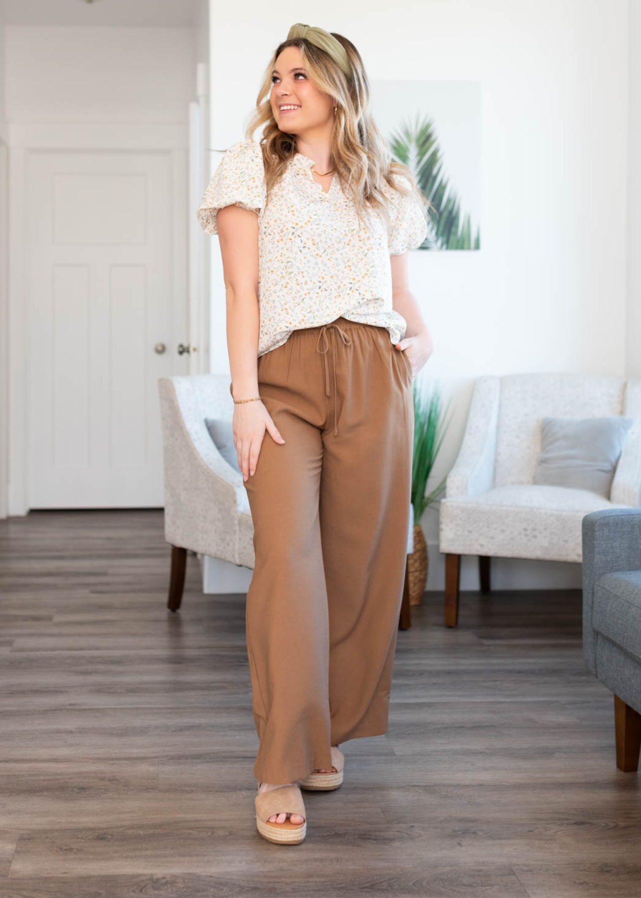 Brown wide leg pants that tie at the waist