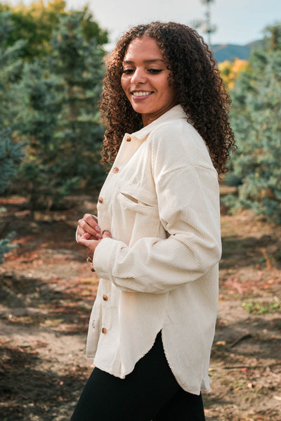 Side view of the oatmeal corduroy shacket