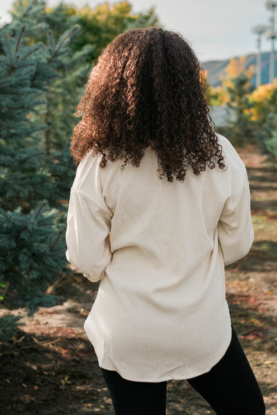 Back view of the oatmeal corduroy shacket