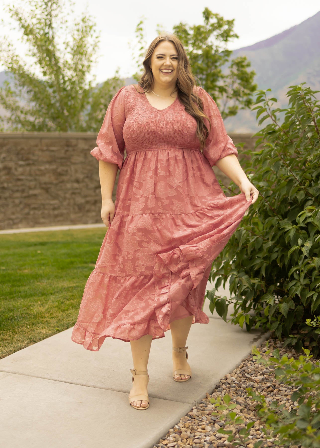 Short sleeve long plus size dusty rose dress