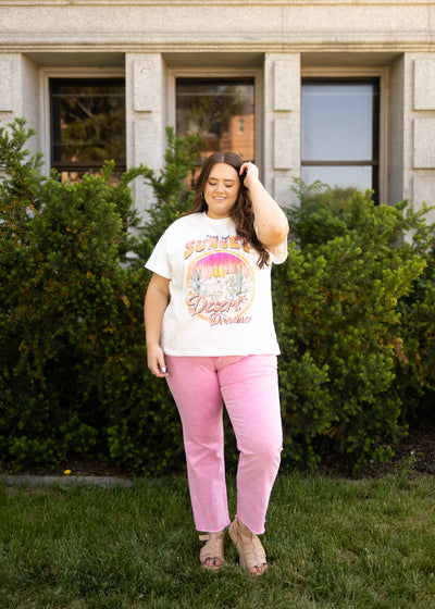 Plus size pink frayed edge jeans