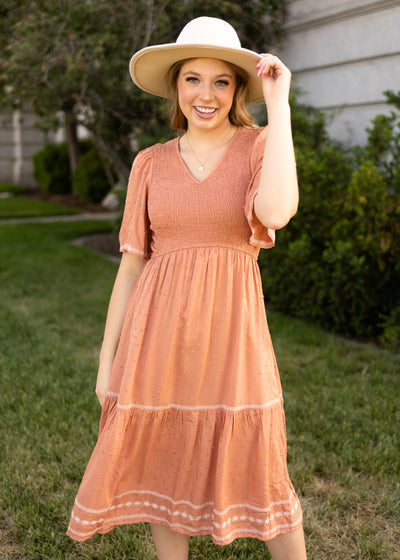 Short sleeve terracotta dress with smocked bodice
