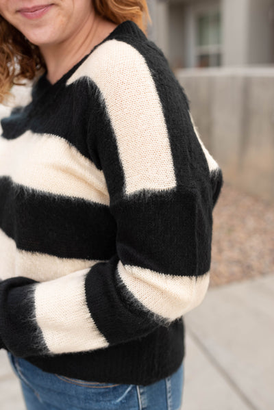 Close up of the sleeve on a black sweater