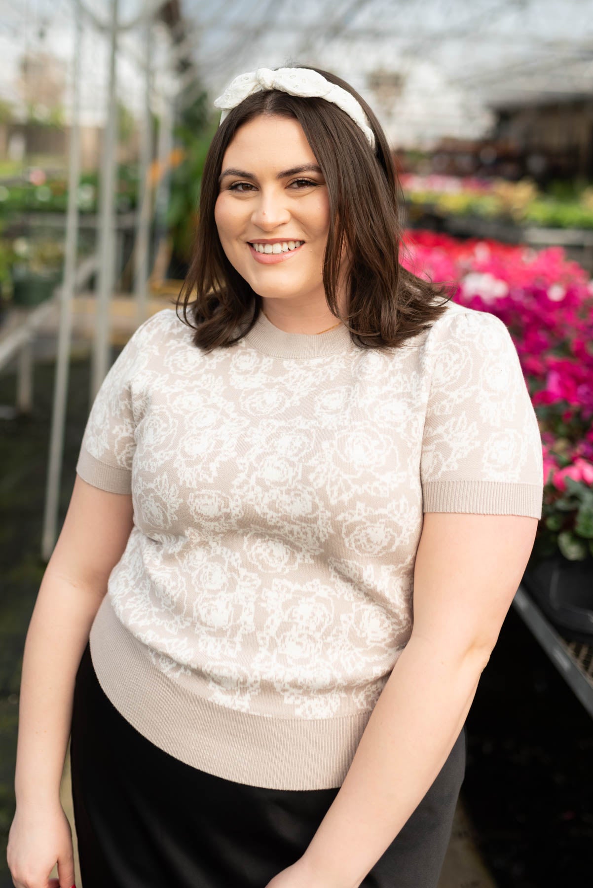 Short sleeve plus size taupe floral knit top