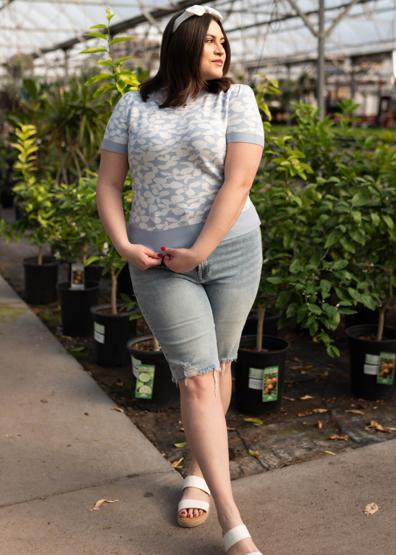 Plus size blue floral knit top