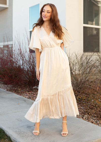 Cram pleated wrap dress with a v-neck and pleated hem