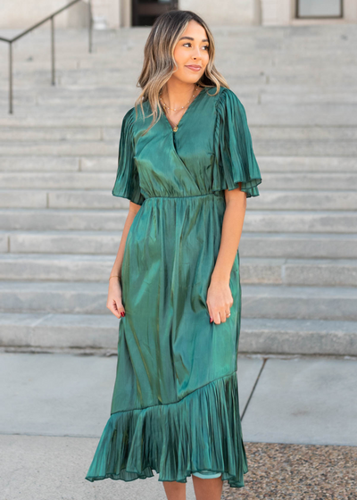 Hunter green pleated wrap dress with short sleeves