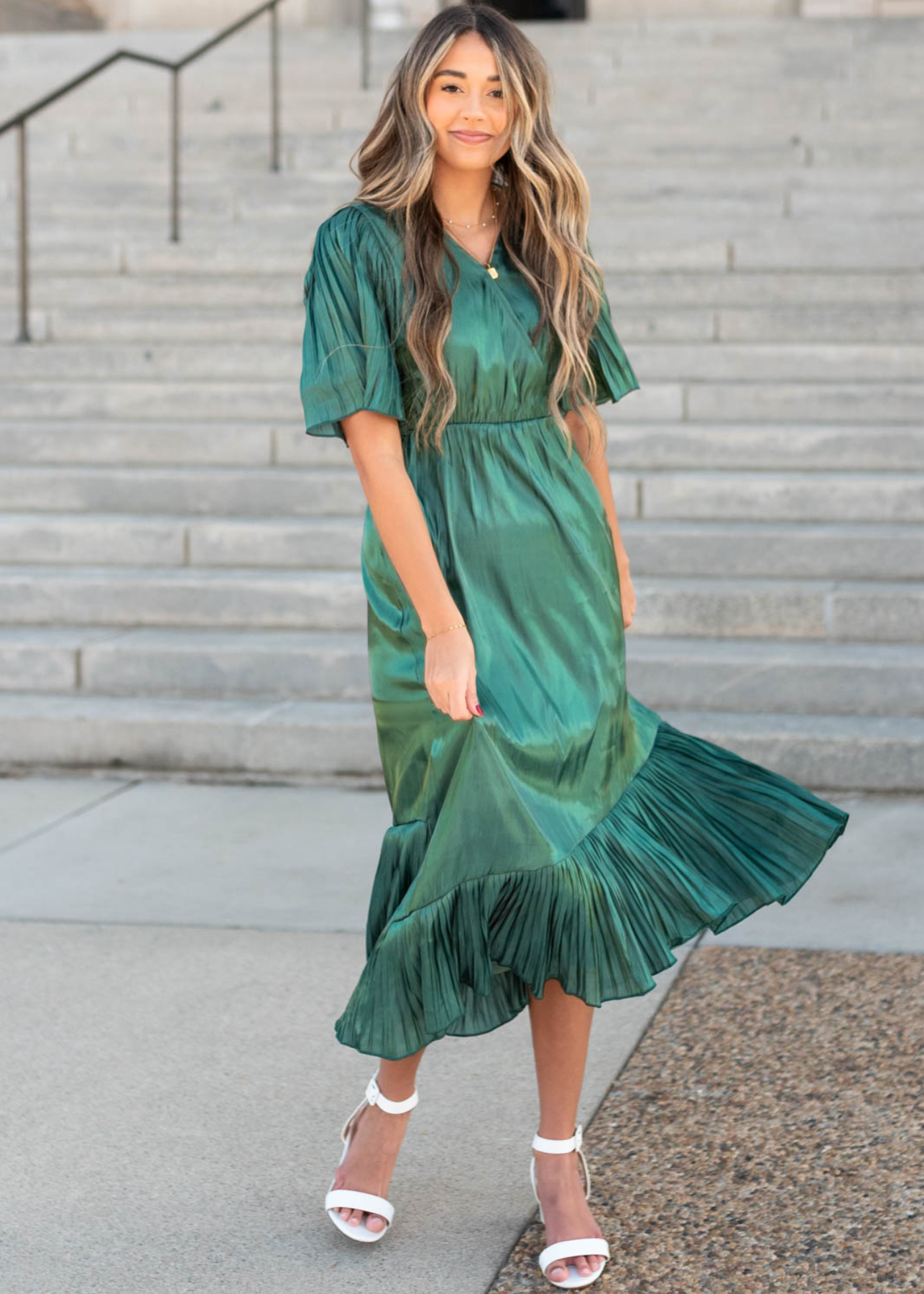 Hunter green pleated wrap dress
