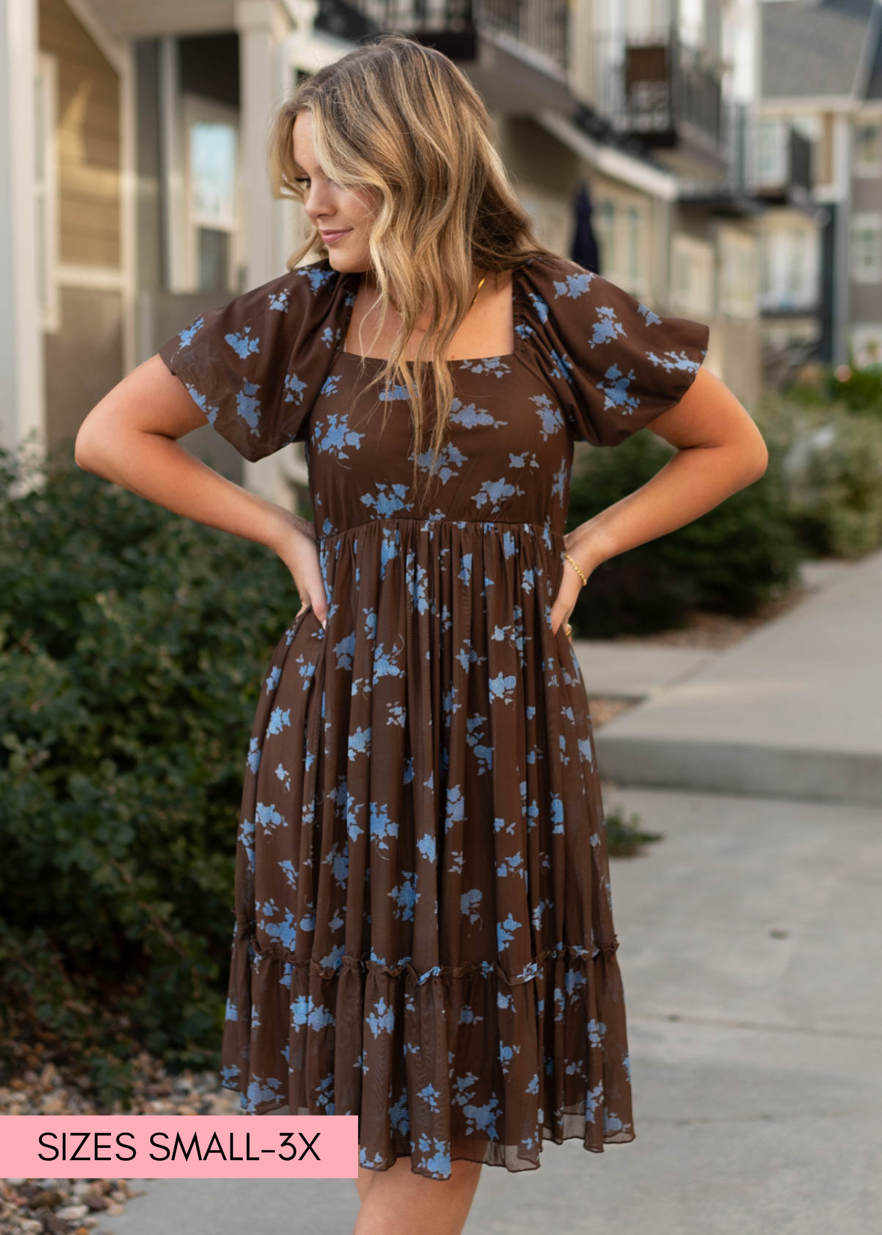 Chocolate dress with light blue flowers and square neck