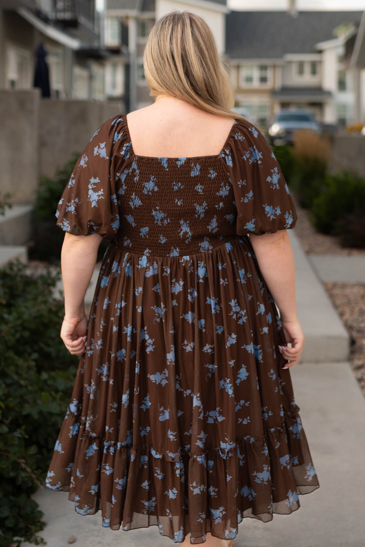 Back view of a plus size chocolate dress