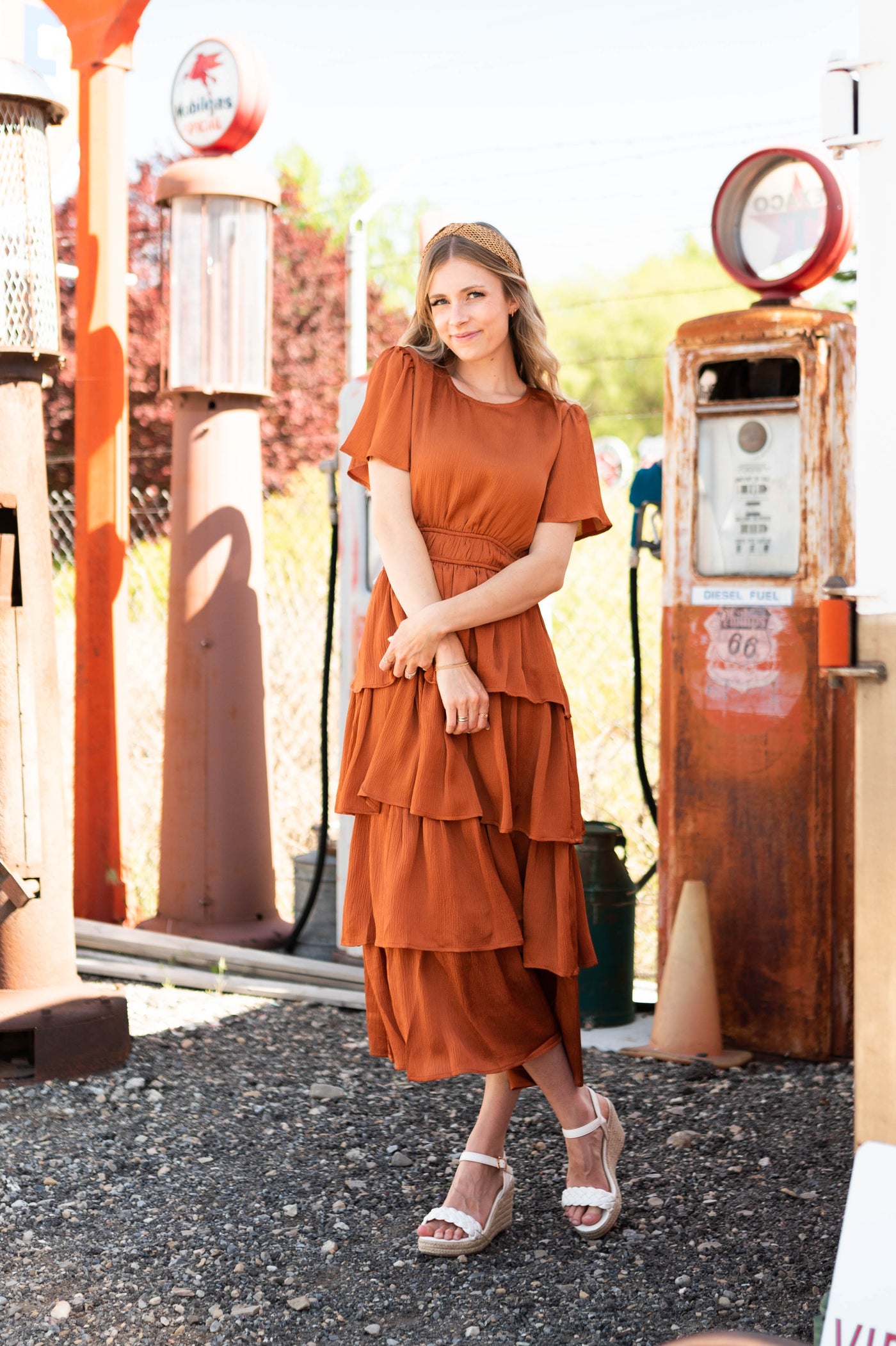 Short sleeve rust colored ruffle dress 