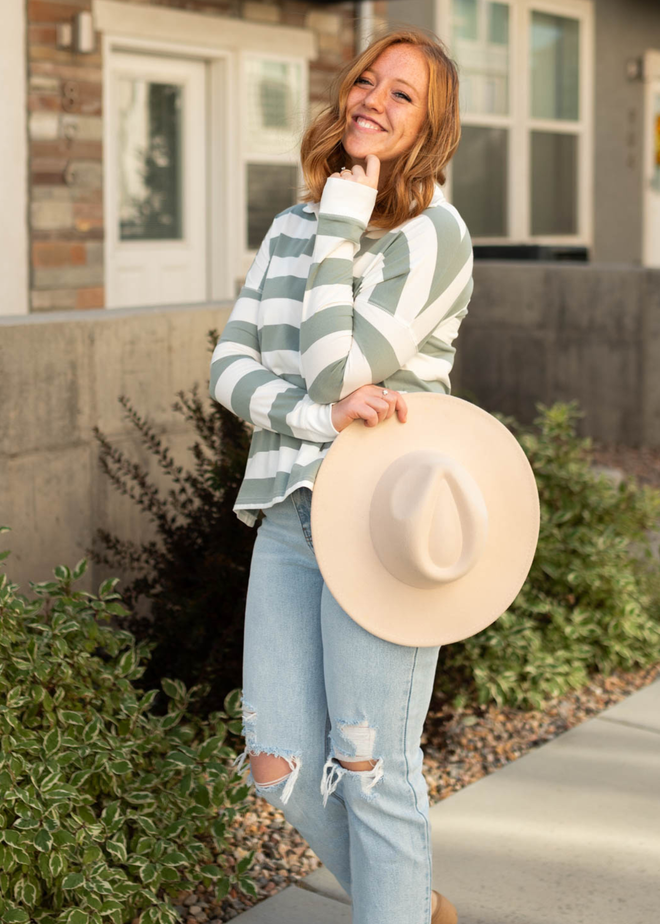 Sage striped top with a drop shoulder