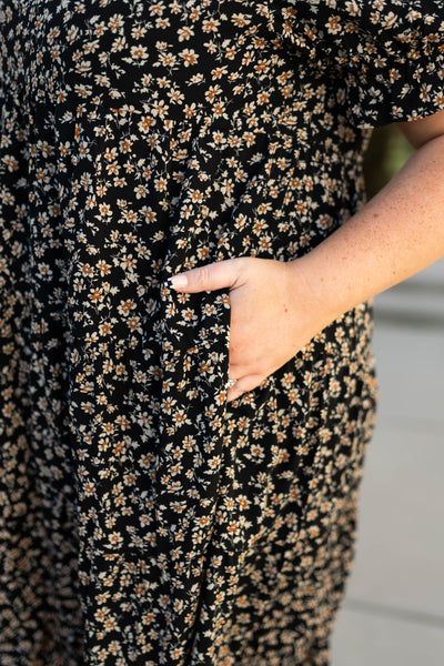 Plus size black floral dress with pockets