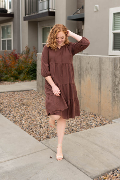 Rust tiered midi dress with small check pattern