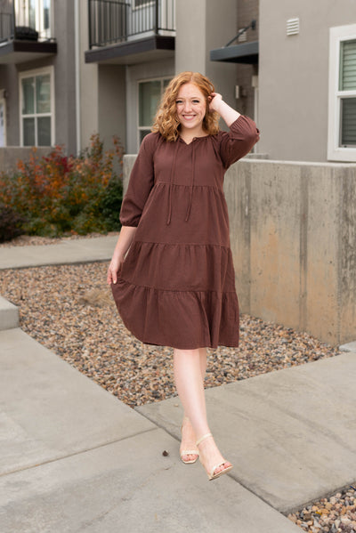 Rust tiered midi dress with 3/4 sleeves