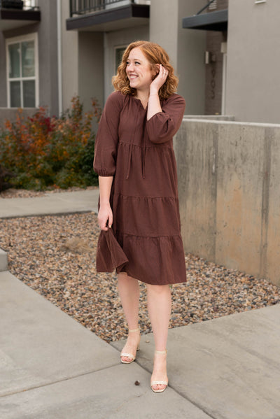 3/4 sleeve rust tiered midi dress