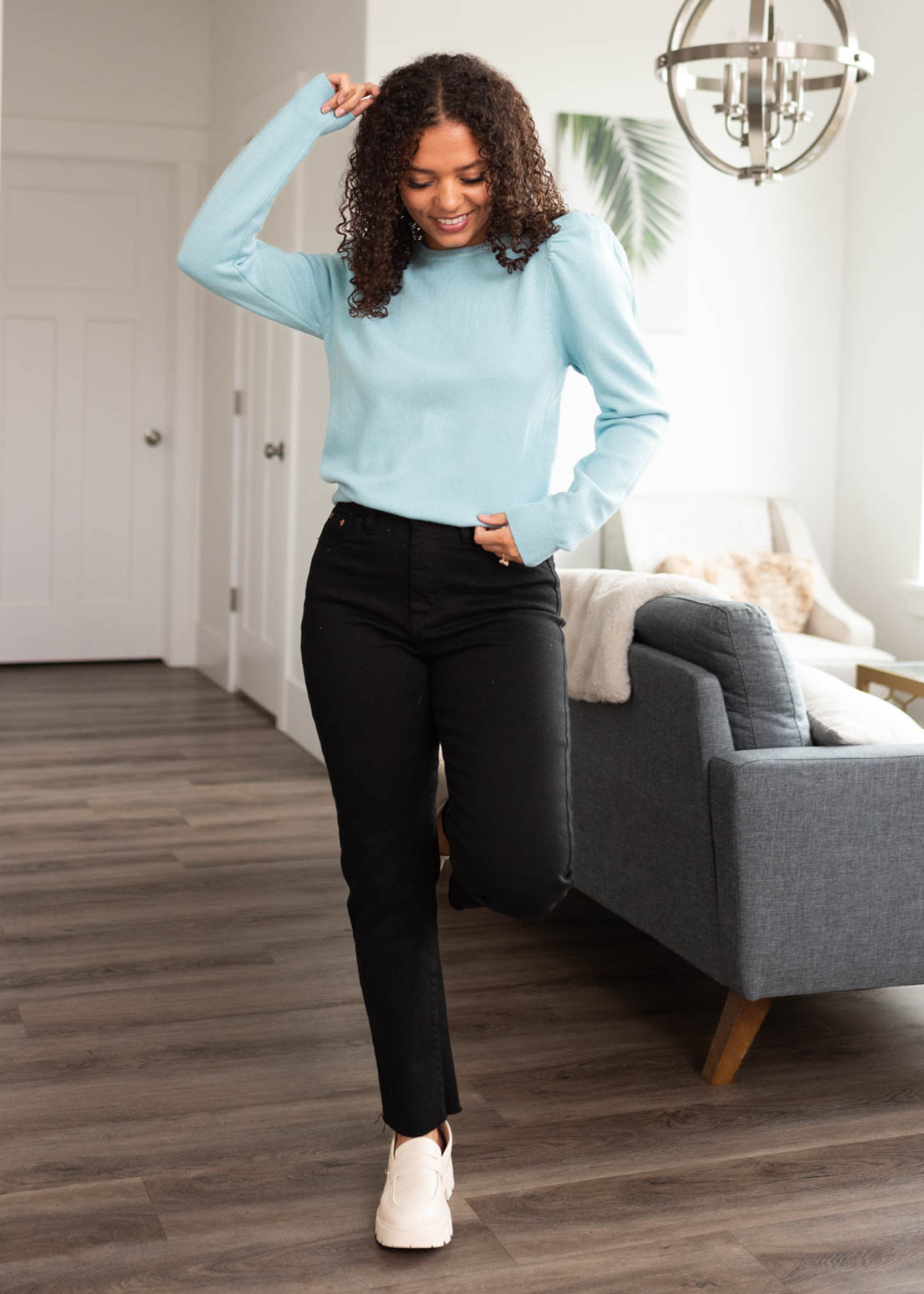 Sky blue puff sleeve sweater with long sleeves