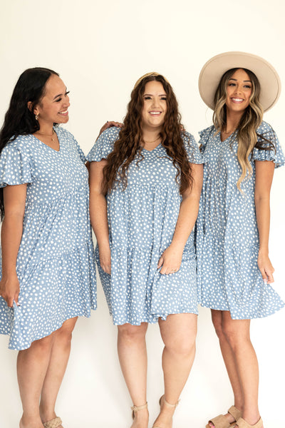 Blue knee length dress in sizes small to 3x