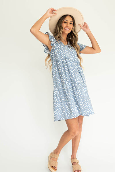 Ruffle cap sleeve blue dress