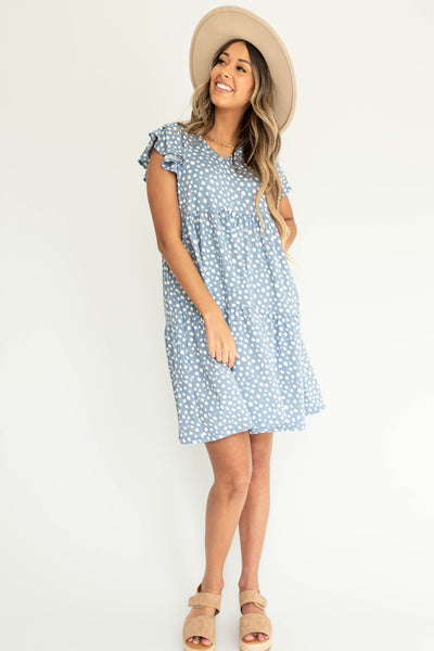 Cap sleeve knee length blue dress