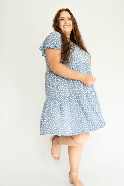 Short sleeve plus size knee length blue dress