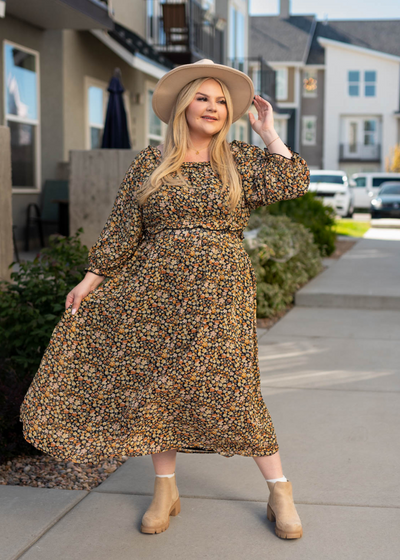 Black floral tiered dress with elastic waist