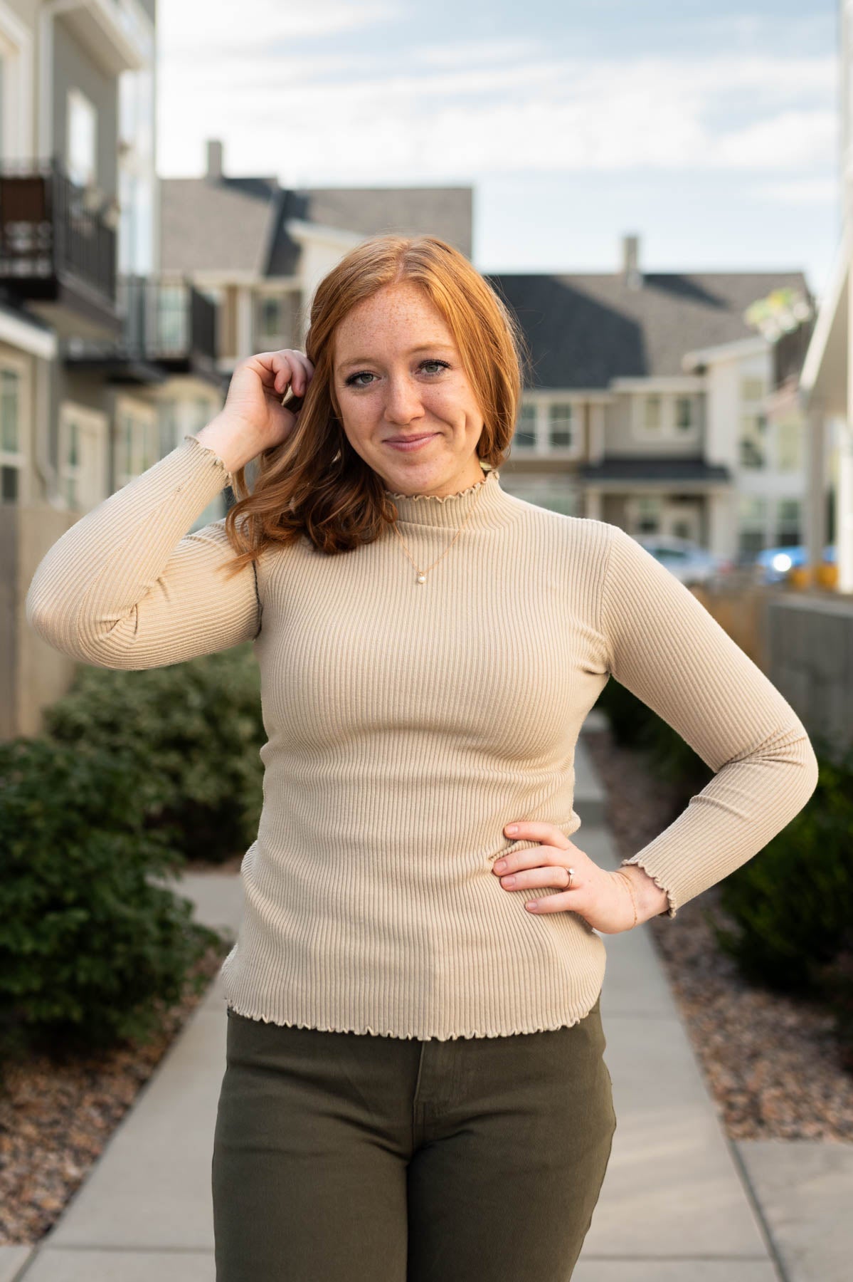 Fitted long sleeve latte sweater