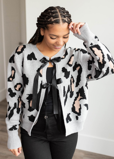 Front view of the grey leopard cardigan