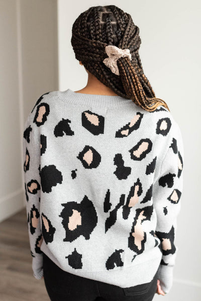 Back view of the grey leopard cardigan