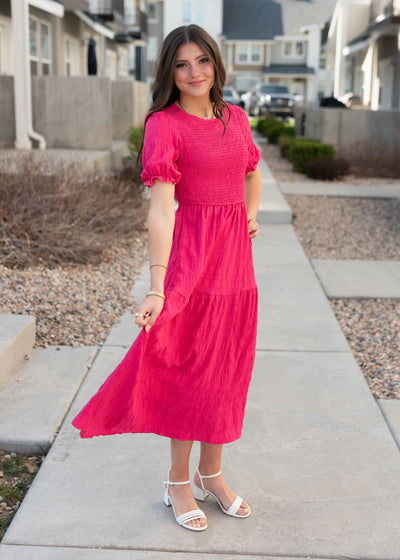 Hot pink tiered dress with short sleeves